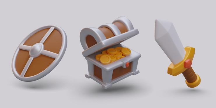 Vector composición de escudo 3d abre el cofre del tesoro con colección de monedas de oro y vieja espada dorada