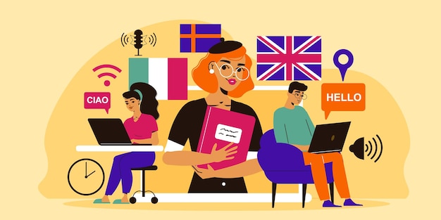 Vector composición de la escuela del curso de idiomas con personajes de estudiantes con computadoras portátiles y profesor con banderas extranjeras de diccionario