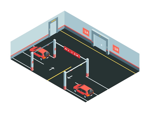 Vector composición de estacionamiento isométrica con vista aislada del estacionamiento subterráneo interior con automóviles y placas de nivel ilustración vectorial