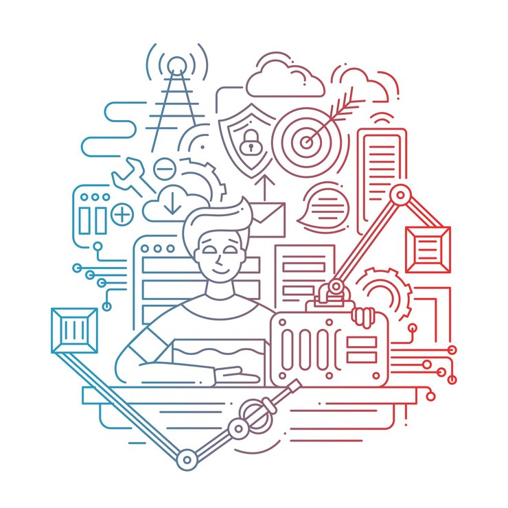 Vector composición de estrategia de solución de problema de diseño plano de línea moderna y con un hombre que sugiere una solución lista para usar: degradado de color