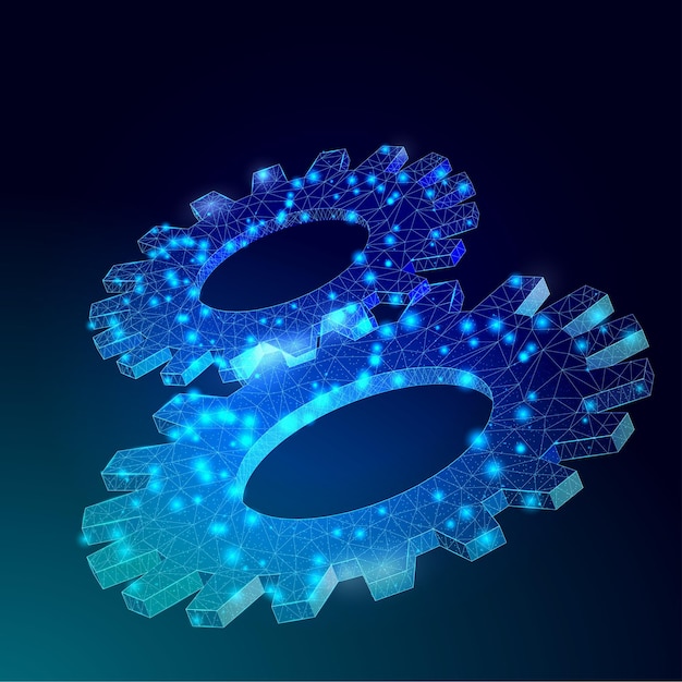 Composición de estructura alámbrica de baja poli de rueda dentada. Engranaje de vector abstracto. Ilustración de vector 3d moderno sobre fondo azul oscuro. Concepto de tecnología mecánica, ingeniería, desarrollo, negocios.