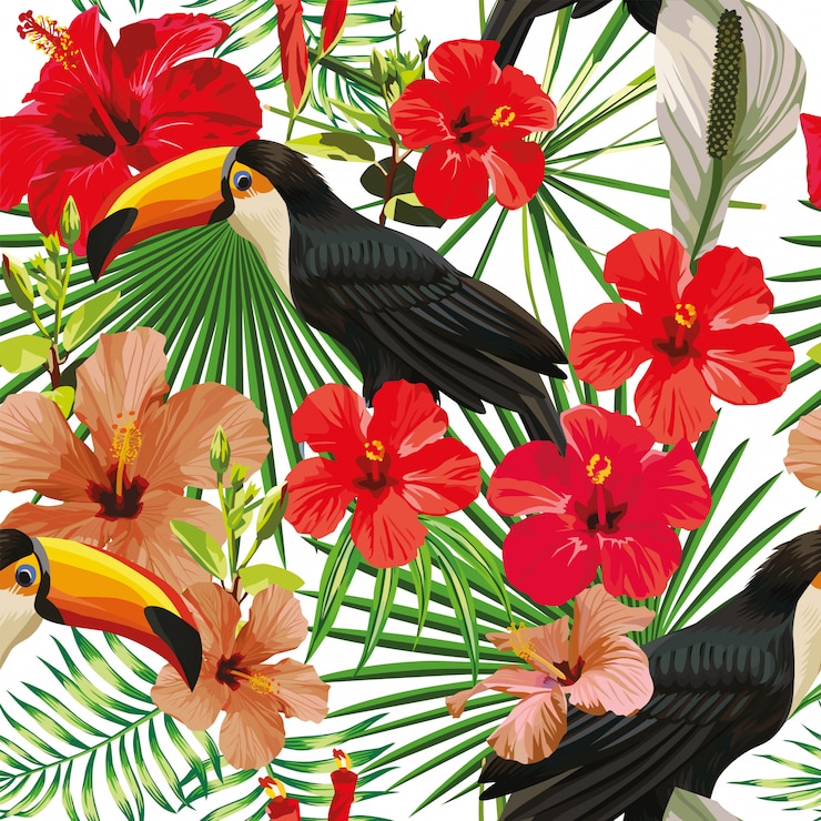 Vector composición exótica a partir de hojas de tucán de aves tropicales y flores de hibisco de patrones sin fisuras imprimir fondo de pantalla de vector de selva