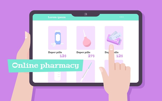 Composición de farmacia en línea con imágenes planas de mano humana sosteniendo tabletas comprando píldoras con texto editable