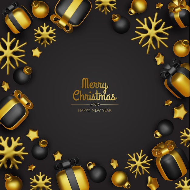 Composición festiva de invierno de Navidad Fondo colorido de Navidad objetos de diseño decorativo 3D realistas cajas de regalos de árbol de Navidad bola de Navidad confeti de oro Ilustración vectorial de Feliz Año Nuevo