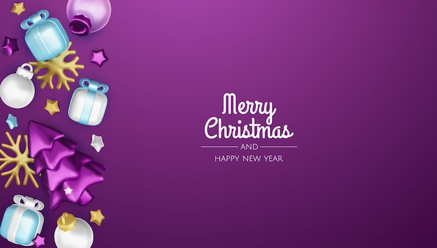Composición festiva de invierno de Navidad Fondo colorido de Navidad objetos de diseño decorativo 3D realistas cajas de regalos de árbol de Navidad bola de Navidad confeti de oro Ilustración vectorial de Feliz Año Nuevo