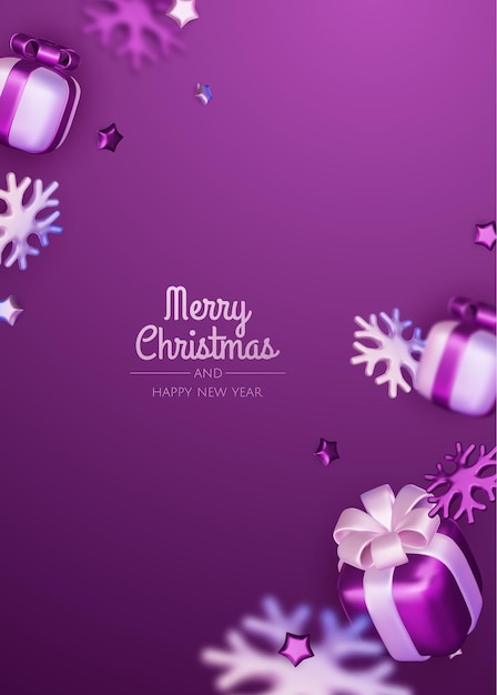 Composición festiva de invierno de Navidad Fondo colorido de Navidad objetos de diseño decorativo 3D realistas cajas de regalos de árbol de Navidad bola de Navidad confeti de oro Ilustración vectorial de Feliz Año Nuevo