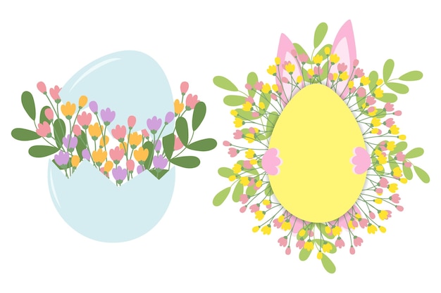Composición floral en cáscara de huevo agrietada y conejo de Pascua detrás del marco en forma de huewo con ramas de