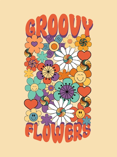Composición floral de flores retro groovy concepto hippie