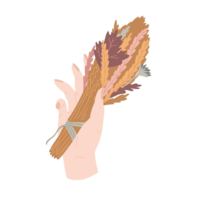 Composición floral otoñal Mano con ramo de flores y orejas de otoño Ilustración vectorial