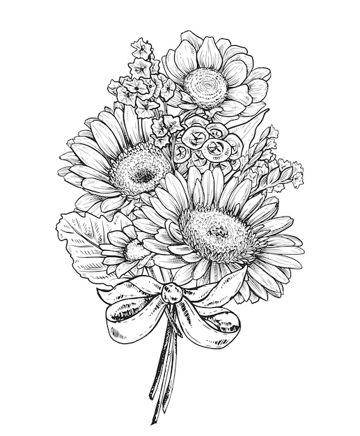 Composición floral ramo con flores y plantas dibujadas a mano ilustración de vector monocromo en estilo boceto manzanilla crisantemo gerbera