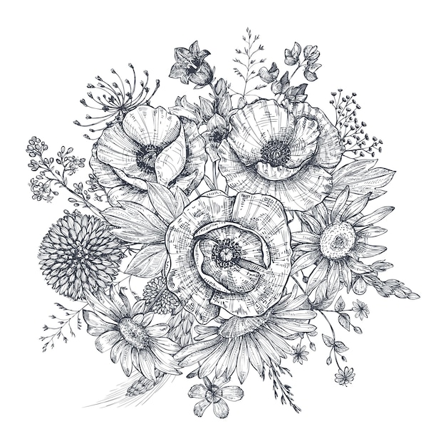 Composición floral. ramo de flores y plantas dibujadas a mano. ilustración de vector monocromo en estilo boceto.