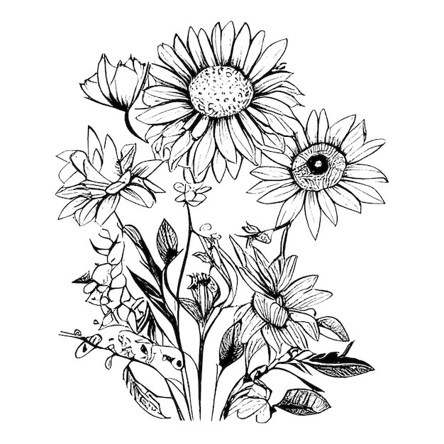 Composición floral Ramo con flores y plantas dibujadas a mano Ilustración de vector monocromo en estilo boceto