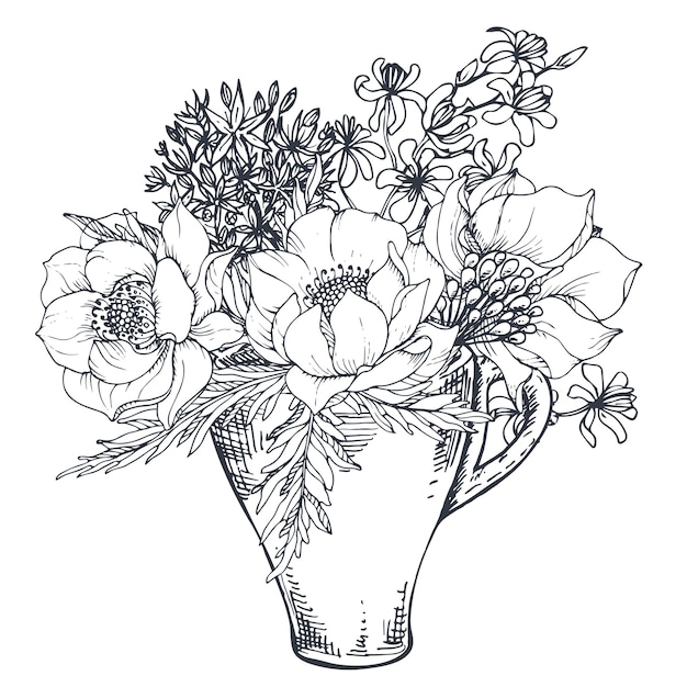 Composición floral. Ramo con flores y plantas dibujadas a mano en la taza. Ilustración monocromática en estilo boceto.