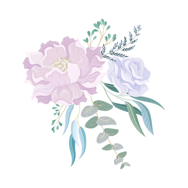 Vector composición floral tierna con flores azules y ramas ilustración vectorial