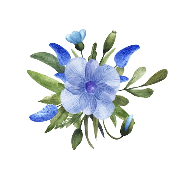 Composición de flores de acuarela vectorial con anémona de amapola azul acuarela y hojas verdes