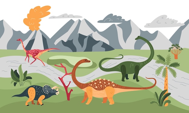 Vector composición de fondo de dinosaurios con paisajes al aire libre de pradera con plantas tropicales de montañas y animales de bestias antiguas ilustración vectorial