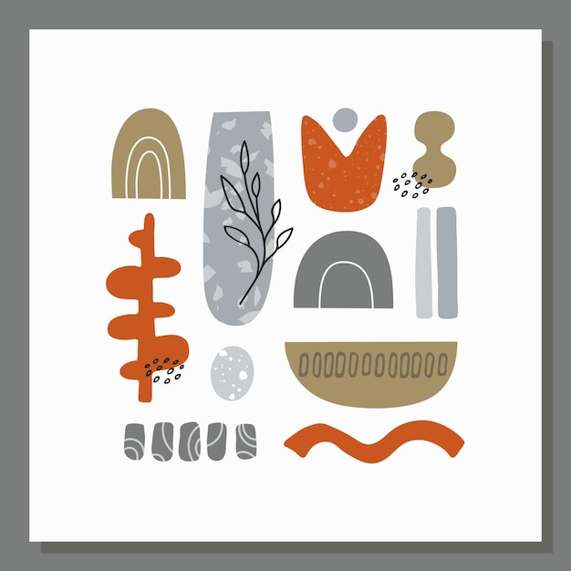Composición de formas abstractas y garabatos Cartel cuadrado vectorial Conjunto de varios elementos naturales