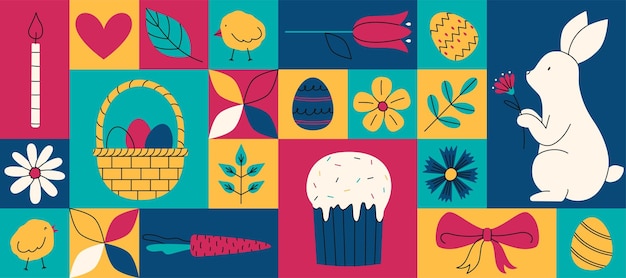 Composición geométrica de colores para una feliz Pascua banner web horizontal de moda vacaciones minimalistas
