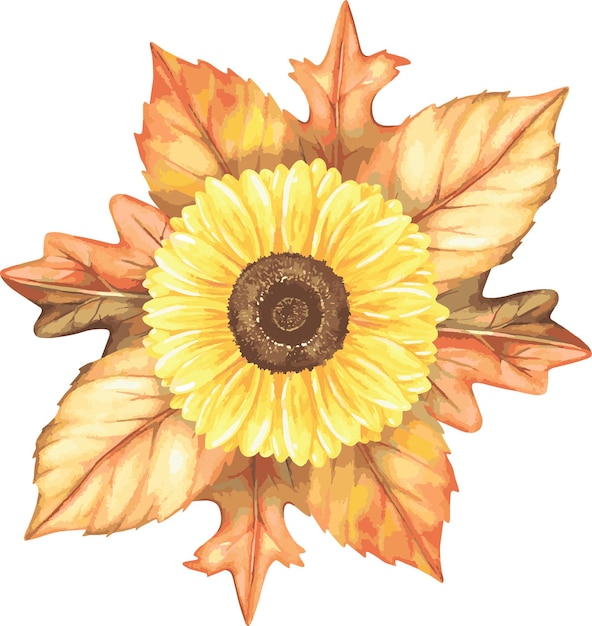 Composición de girasol y hojas de otoño Ilustración de vector de acuarela