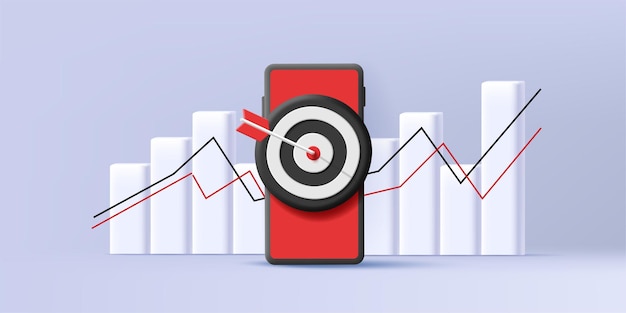 Composición gráfica 3d de un teléfono inteligente con destino y flecha y gráfico de barras con curva creciente