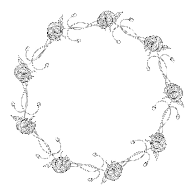 Composición gráfica de flores. Flores de amapolas. Guirnalda