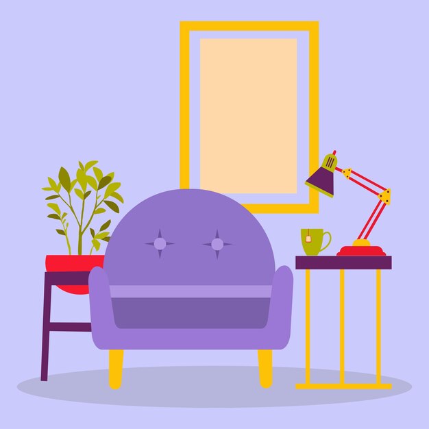 La composición de la habitación. Un sillón, una mesa con una lámpara y una flor. La imagen está hecha en un estilo plano. Ilustración vectorial. Una serie de iconos comerciales.