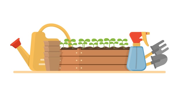 Composición con herramientas de jardinería aisladas sobre fondo blanco. Paquete de equipo para trabajo agrícola, cultivo de plantas o trasplante, trabajo en jardín.Ilustración de vector.