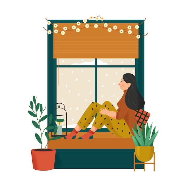 Vector composición hogareña acogedora con personaje femenino sentado en el alféizar de la ventana con almohadas y plantas caseras ilustración