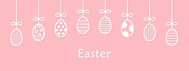 Composición de huevos de pascua colgantes con ilustración de vector blanco de texto sobre fondo rosa