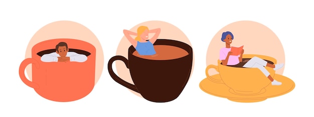 Composición de iconos redondos aislados con personajes de dibujos animados de personas felices y relajadas en una taza gigante