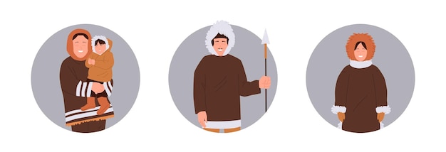 Composición de iconos redondos aislados con personajes familiares esquimales de retratos de personas del norte