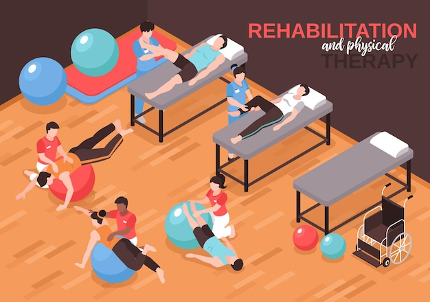 Vector composición de ilustración de fisioterapia de rehabilitación isométrica con texto y vista interior de la sala de ejercicios físicos con personas