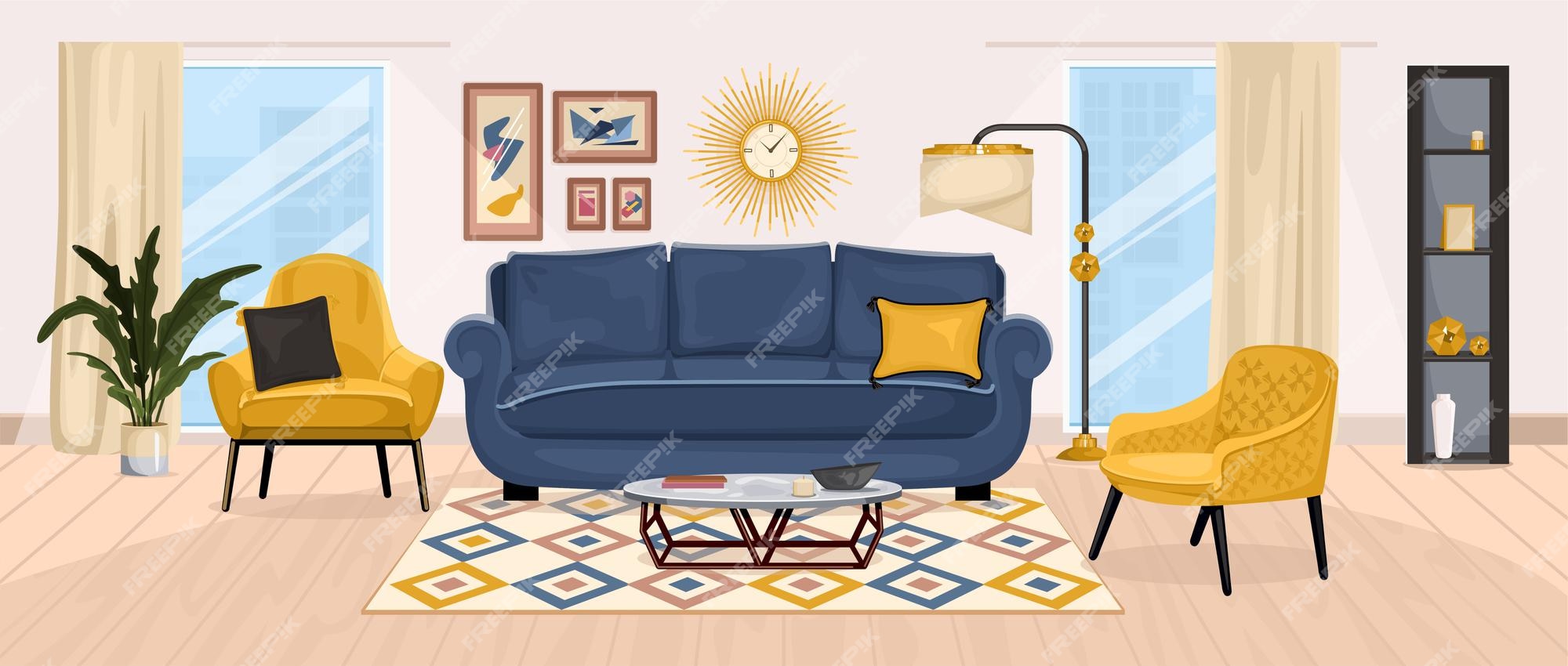 Composición interior de muebles con vista a la sala estar con sofá de sillas suaves de windows | Vector Premium