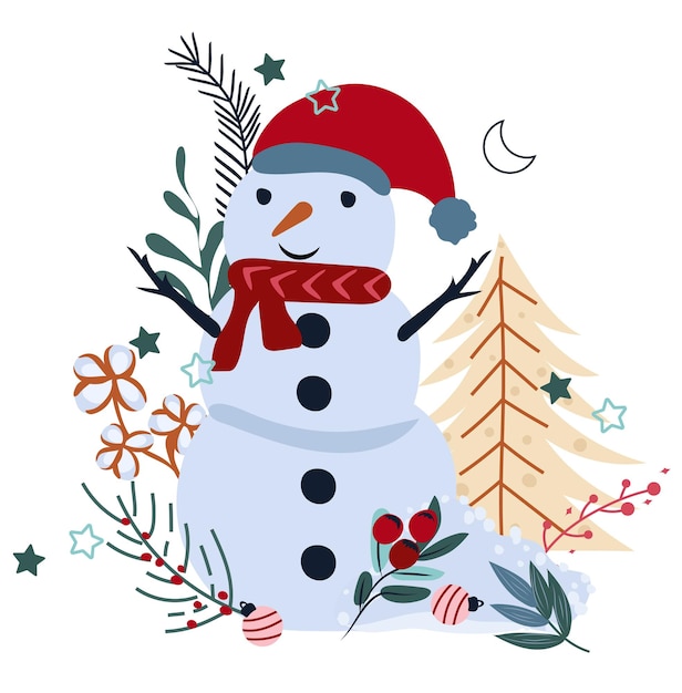 Composición de invierno con muñeco de nieve en una bufanda, ramas de bayas, árbol de Navidad, ramas de pino y otros