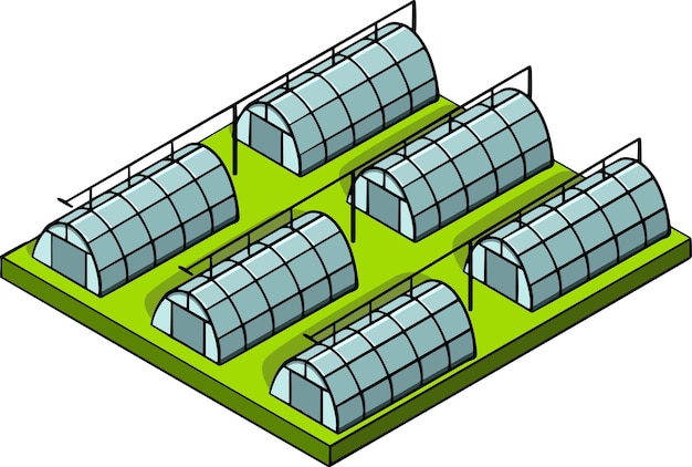 Composición isométrica agrícola con edificios agrícolas invernaderos ilustración vectorial aislada