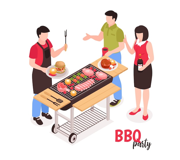 Composición isométrica de barbacoa barbacoa con ilustración de personajes humanos sin rostro