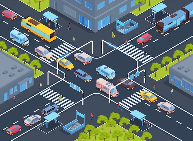 Vector composición isométrica de la ciudad del transporte público con vistas a la intersección de calles con vehículos de tráfico pesado e ilustraciones vectoriales de personas