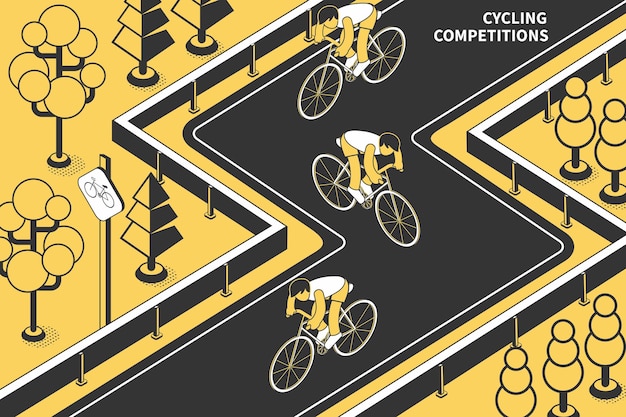 Vector composición isométrica de competiciones de ciclismo con texto y vista de la pista de carreras con ciclistas y árboles