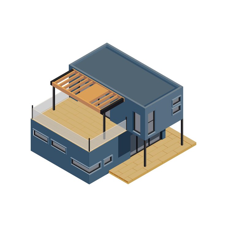 Vector composición isométrica de construcción de marco modular con imagen aislada de cabaña moderna hecha de módulos