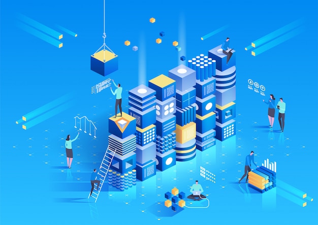 Composición isométrica de criptomonedas y blockchain con personas.