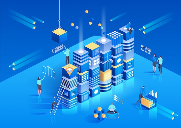 Composición isométrica de criptomonedas y blockchain con personas.