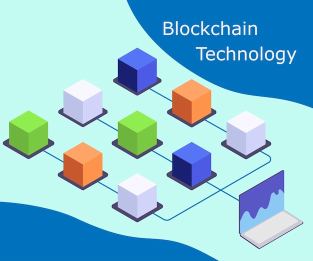 Composición isométrica de criptomonedas y cadenas de bloques con computadoras que trabajan en el inicio de criptografía ilustración vectorial isométrica