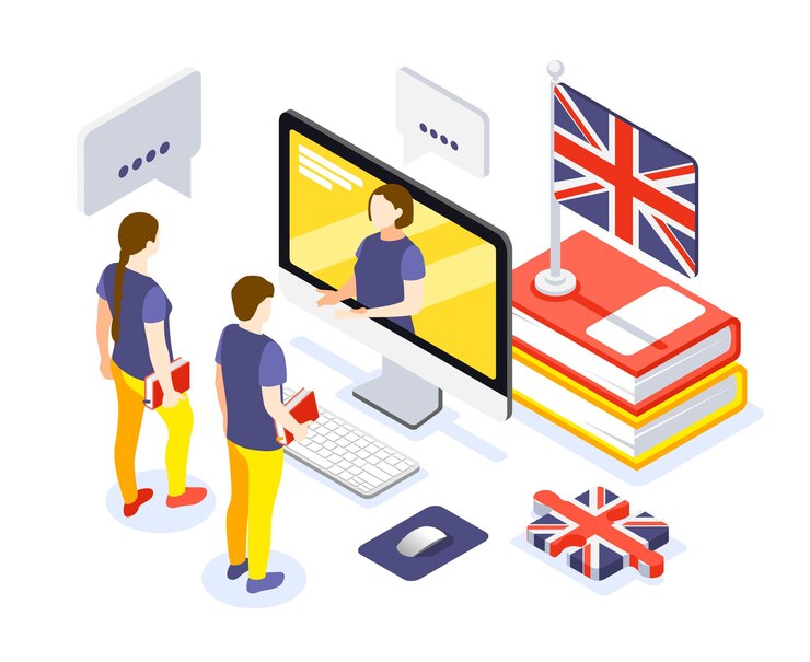 Vector composición isométrica del curso de idiomas en línea con aprendizaje de inglés con tutor personal, lección interactiva, libros de texto, bandera