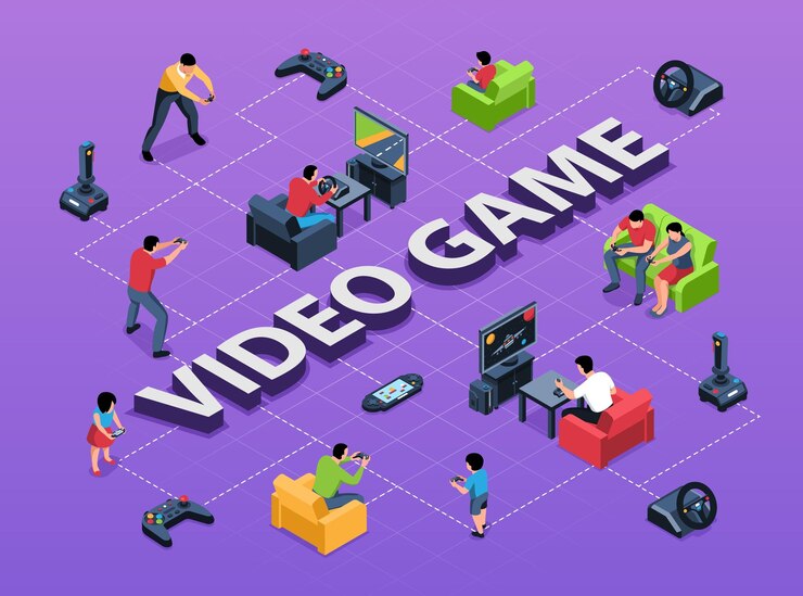 Vector composición isométrica de diagramas de flujo de videojuegos con texto en 3d rodeado de personajes humanos aislados, joysticks, dispositivos de juego, ilustración vectorial