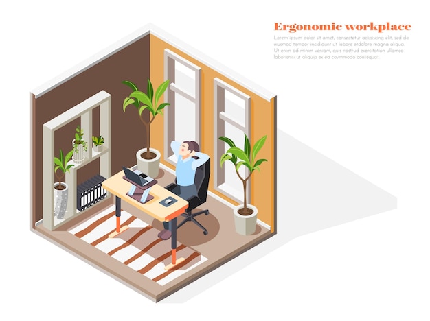 Vector composición isométrica ergonómica del lugar de trabajo.