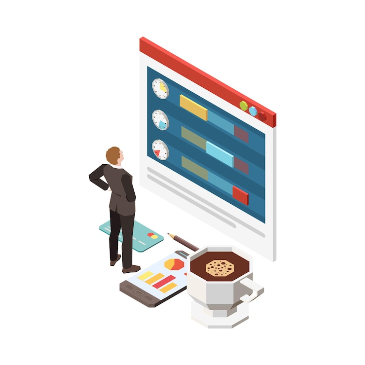 Vector composición isométrica de fecha límite de programación de planificación de gestión de tiempo con carácter de trabajador y pantalla con ilustración de vector de aplicación de tiempo