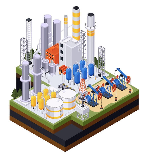 Composición isométrica de la industria petrolera con bombas de aceite y tuberías con tanques de almacenamiento