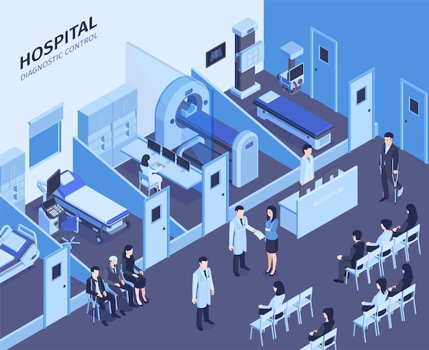 Composición isométrica del interior del hospital con recepcionista, recepción, sala de espera, diagnóstico, ultrasonido, resonancia magnética, escáneres, pacientes, ilustración