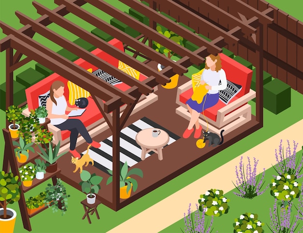 Composición isométrica de muebles de jardín con paisajes al aire libre y plantas exóticas con sofá de verano de madera y sillón ilustración vectorial