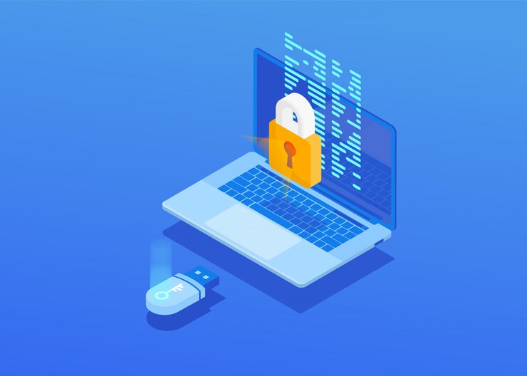 Vector composición isométrica de la pantalla del portátil con un candado cerrado, tarjeta flash sobre un fondo azul.